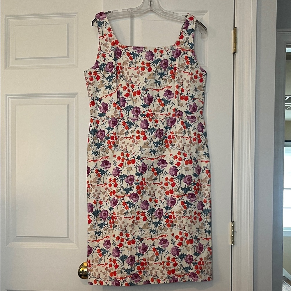 Ann Taylor Cream Midi Dress with Purple & Red Floral Print, 12P